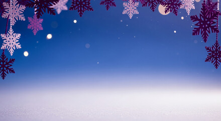 Blue background with snowflakes hanging, white surface below. Holiday decoration, winter concept, background for presentation, free space.