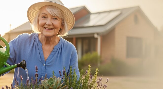 elderly woman gardening with watering can at sunrise in front of her suburban home