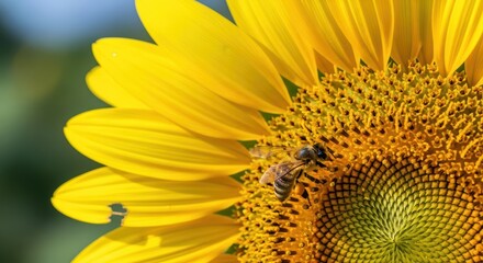 Naklejka premium Bee pollinating vibrant sunflower under clear blue sky