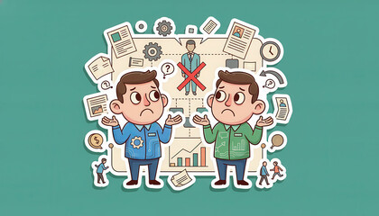 Two cartoon men in blue and green shirts express confusion while surrounded by various business documents, charts, and icons, illustrating decision-making challenges in a professional environment