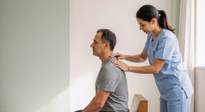 healthcare worker providing therapeutic massage to middle-aged man in clean setting