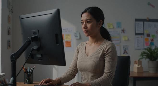 focused asian woman working on computer in a modern office with creative wall decor - Powered by Adobe