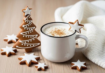 White mug of creamy hot cocoa with star shaped gingerbread cookies and Christmas tree