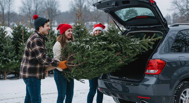friends loading christmas tree into car on snowy day at outdoor tree farm