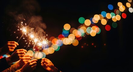 Hands holding sparklers against colorful bokeh background at night