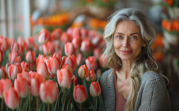 Mature woman with a large bouquet of tulips on a pink background. International Women's Day