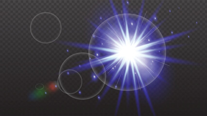Bright Blue Lens Flare Burst Effect with Glowing Light Rays and Transparent Background