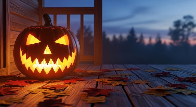 Glowing jack-o'-lantern on porch with autumn leaves at dusk - Powered by Adobe