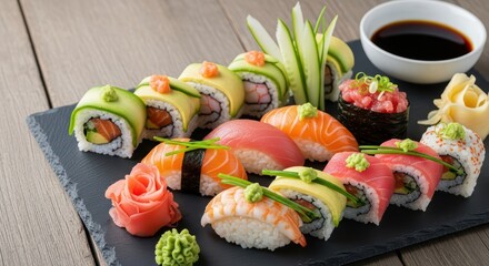 Colorful sushi platter with nigiri and maki on slate plate