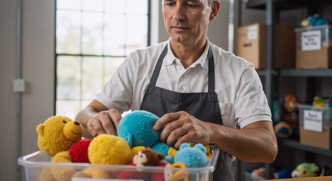 middle-aged man organizing toys in donation center with focus and care - Powered by Adobe