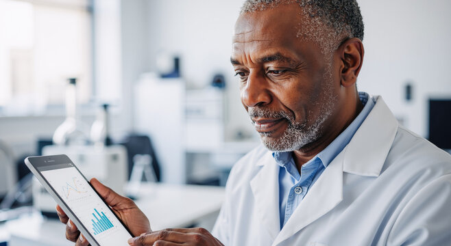 elderly scientist analyzing data on tablet in modern laboratory setting with focus
