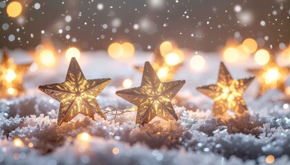 Golden Stars Sparkling Amidst Snowflakes and Bokeh Lights Christmas Decoration