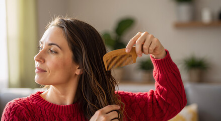 young woman with long hair combing in cozy home setting with natural light and red sweater
