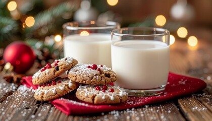 Christmas Cookies and Milk on Rustic Wood Table with Festive Lights and Ornaments Decoration in Soft Focus
