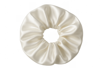 White silk satin scrunchie hair accessory on transparent background
