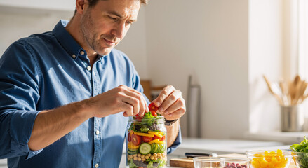 man preparing healthy salad in modern kitchen with fresh vegetables on a sunny day