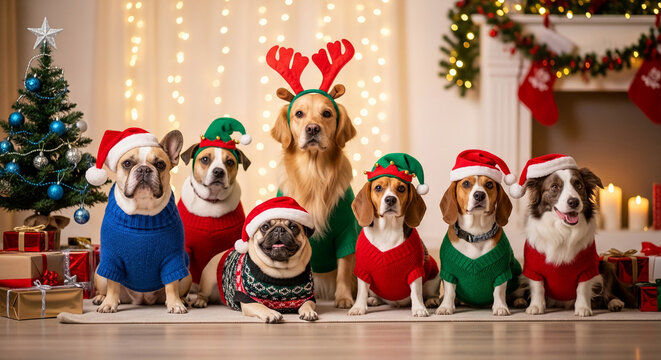 Group of dogs wearing seasonal apparel and hats, with Christmas tree, presents, stockings and lights background, depicting holiday spirit