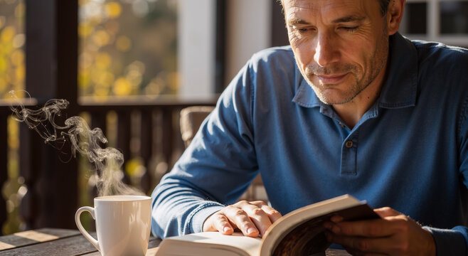 middle-aged man reading a book with coffee on a sunny morning in a cozy patio setting - Powered by Adobe