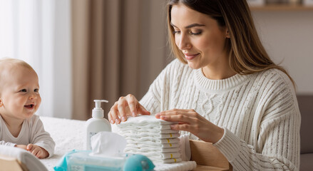 young woman organizing baby diapers while smiling infant watches in a cozy nursery