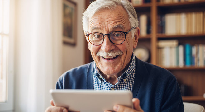 senior man enjoying technology with tablet at home in cozy living room with bookshelves - Powered by Adobe