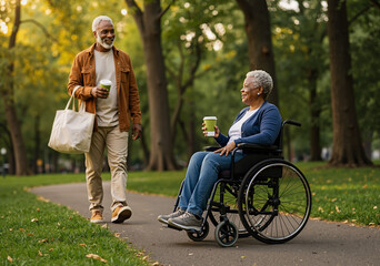 senior man with coffee smiling at woman in wheelchair on park path during autumn