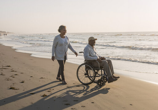 elderly couple enjoying a peaceful stroll on seaside beach during a sunny afternoon