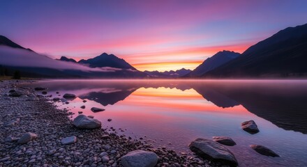 Breathtaking alpine dawn over serene mountain lake reflection