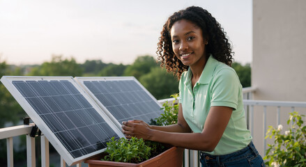 young woman adjusting solar panels on balcony urban garden under clear sky