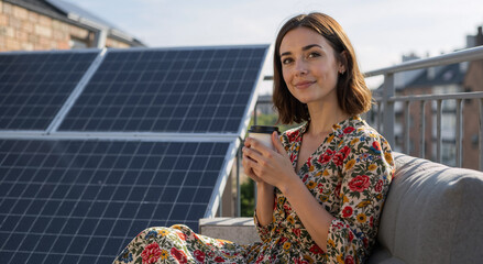 young woman enjoying coffee on rooftop terrace with solar panels in sunny urban setting