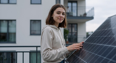 Fototapeta premium young woman interacting with rooftop solar panel on modern urban balcony during cloudy day
