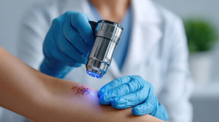 Dermatologist examining skin lesion with dermatoscope for skin cancer diagnosis and treatment