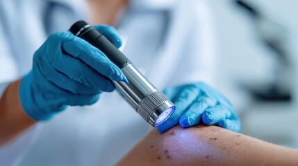 Dermatologist using dermatoscope to examine moles and detect skin cancer on patient's leg