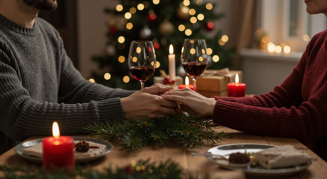 romantic couple holding hands at christmas dinner with candles and festive decorations - Powered by Adobe