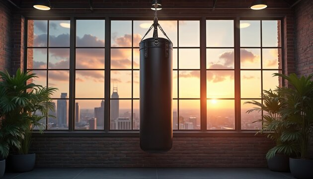 Punching bag hangs in loft gym with sunset city view. Brick wall interior with plants and big window. Training equipment in urban fitness studio for exercise.