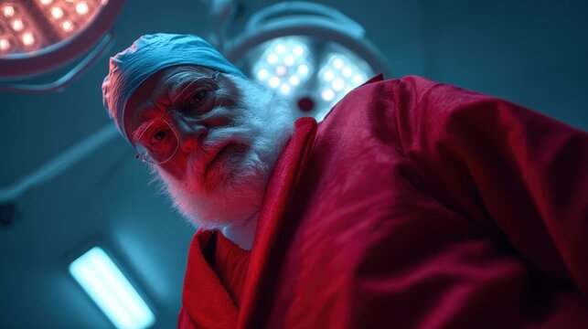 Senior male surgeon in red scrubs under surgical lights looking down in operating room - Powered by Adobe