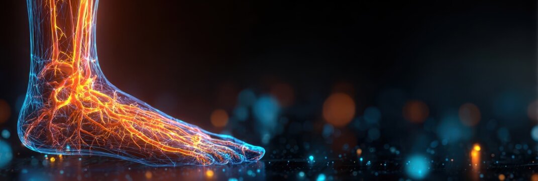 3D illustration of human foot with glowing veins and nerves in futuristic digital style