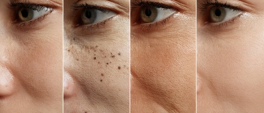 Macro collage showing close-up stages of facial skin with pigmentation spots, freckles, and large pores, demonstrating improvement after dermatological treatment 