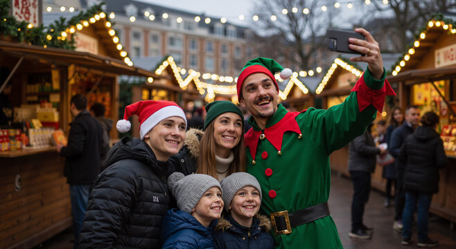 family enjoying christmas market taking selfie in festive atmosphere with holiday lights - Powered by Adobe