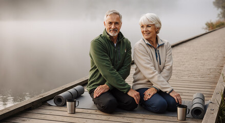 senior couple enjoying peaceful morning yoga by misty lakeside with coffee and mats