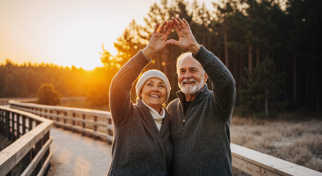 joyful elderly couple forming heart shape with hands at sunset on wooden path in forest
