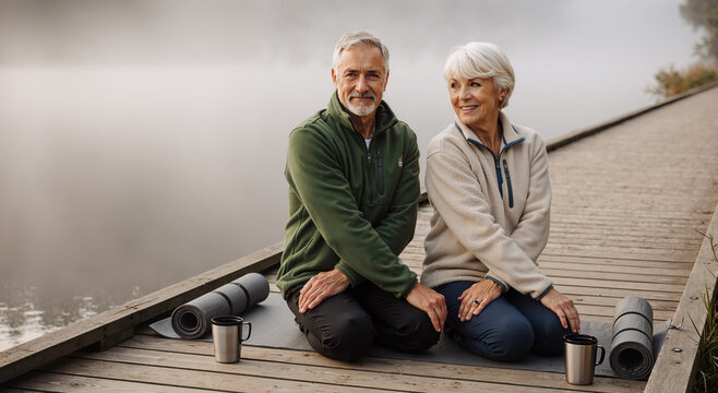 senior couple enjoying peaceful morning yoga by misty lakeside with coffee and mats