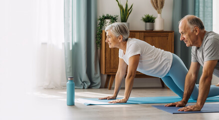 active senior couple practicing yoga at home in bright cozy living room for healthy lifestyle