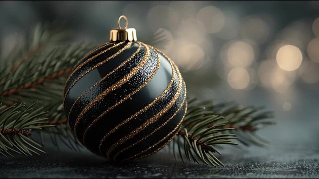 Black and Gold Christmas Bauble with Pine Branch &ndash; Festive Holiday Scene