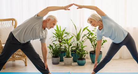active elderly couple practicing yoga together at home with houseplants in background