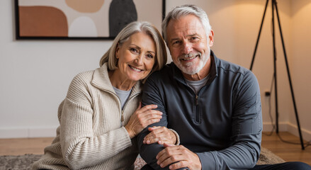 happy senior couple smiling and relaxing at home in cozy living room setting