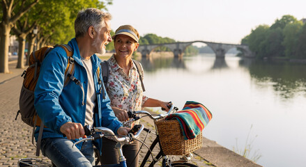 senior couple enjoying a morning bicycle ride along a river on a sunny day