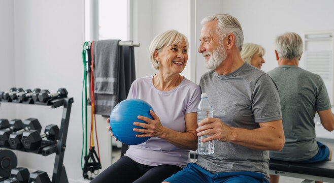 senior couple exercising in gym holding ball and water bottle in bright modern fitness center