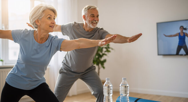 active senior couple performing yoga together in cozy living room with bright morning light