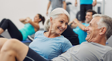happy senior couple enjoying exercise class together in a gym setting with group workout