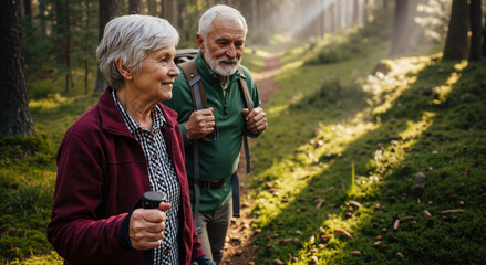 elderly couple hiking in serene forest with warm sunlight filtering through trees